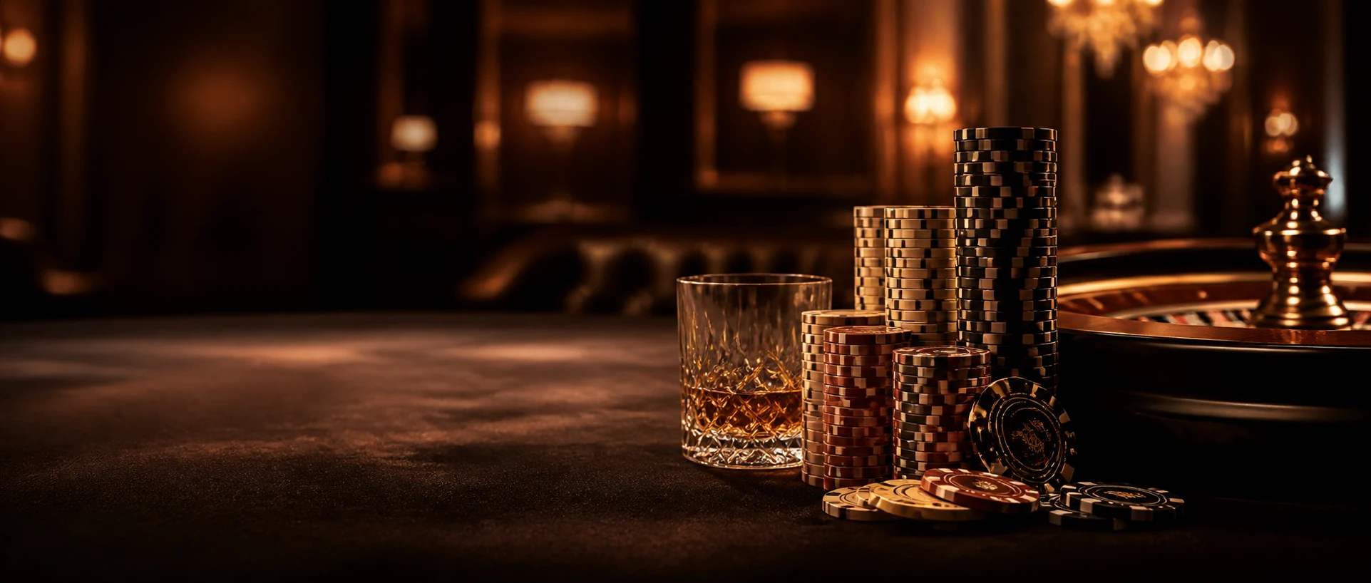 Hohe Chipstapel in einer eleganten Casino-Lounge