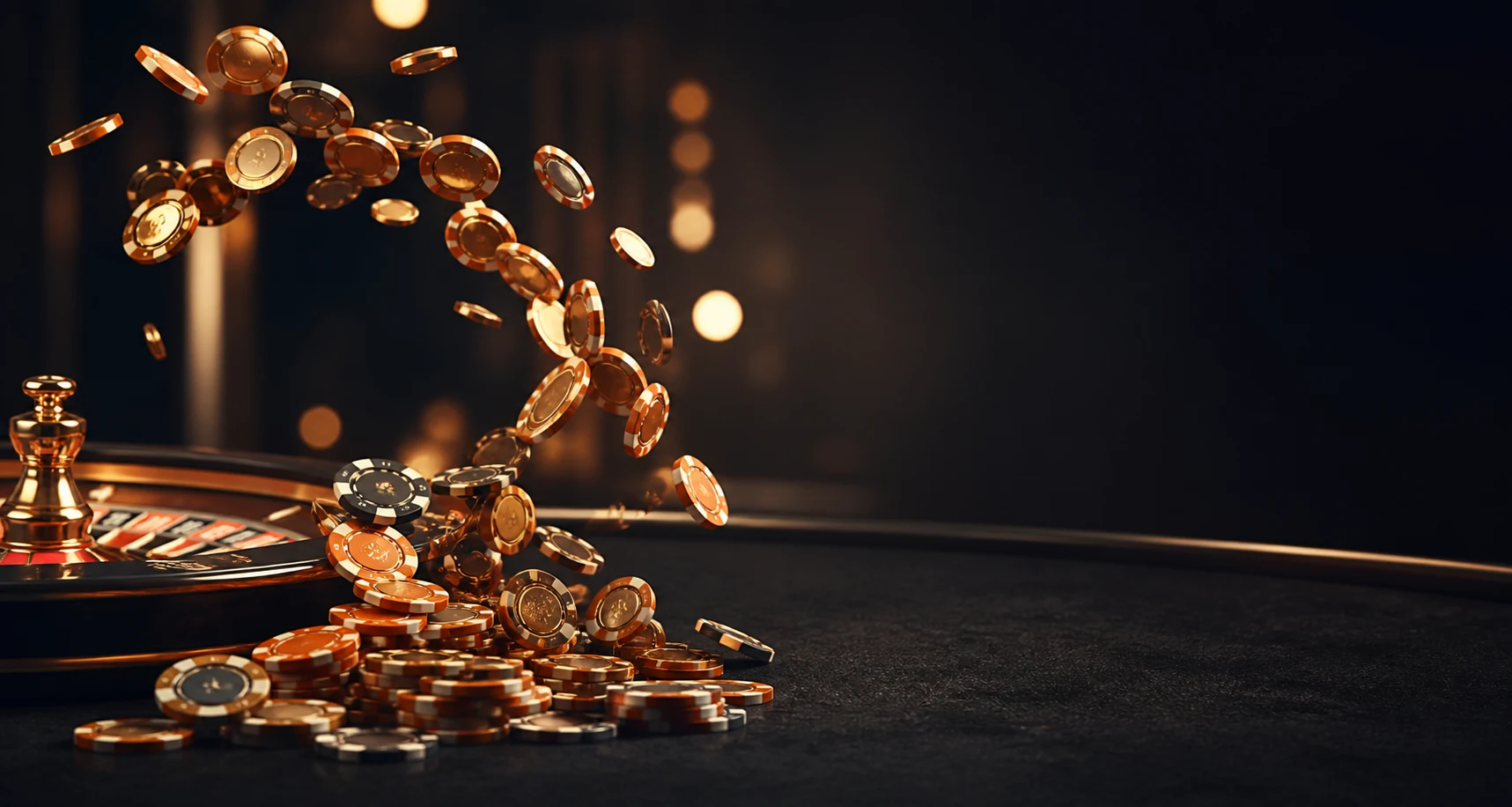 Dynamischer Bogen aus Casinochips über dem Roulettetisch